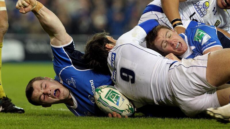 Cian Healy scores a try for Leinster in the 2010 Heineken Cup quarter-final against Clermont Auvergne at the RDS. Photograph: Lorraine O’Sullivan/Inpho