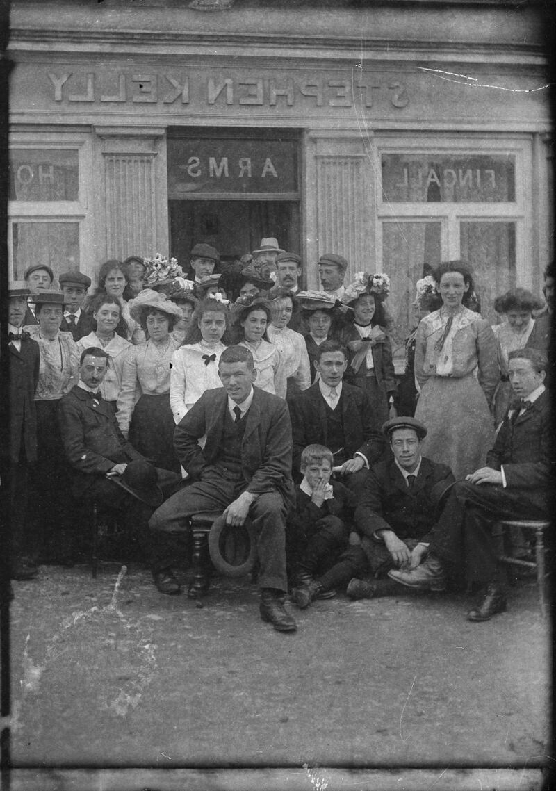 Former tánaiste and president Sean T O’Kelly (holding bowler hat) outside the Fingal Arms Hotel, Dunshaughlin, in the early 1900s. Peadar Murray’s Photographs opens a window on life in Co Meath. 
