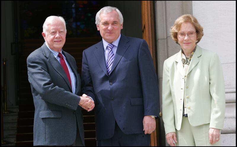 Former US president Jimmy Carter and his wife, former first lady Rosalynn Carter, meeting then-taoiseach Bertie Ahern at Government Buildings in Dublin. Photograph: Brenda Fitzsimons/The Irish Times