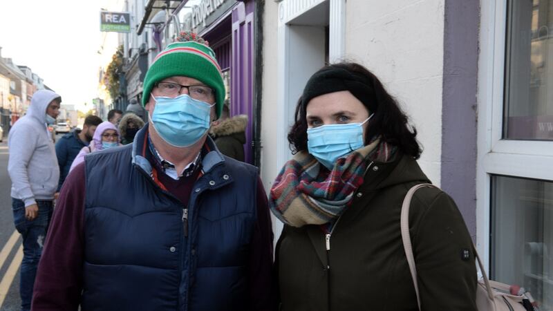 Aoife Doyle and her father Jack Doyle, queue overnight outside June Doran Properties, in Carlow town, for new homes in Castleoaks estate. Photograph: Dara Mac Dónaill
