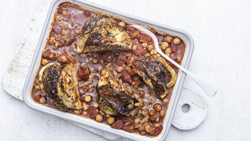 Caramelised cauliflower, chickpea and sesame bake