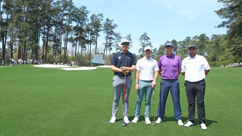 Séamus Power, Rory McIlroy, Pádraig Harrington and Shane Lowry pose for a photograph ahead of playing a practice round at Augusta on Monday. Photograph: Andrew Redington/Getty Images