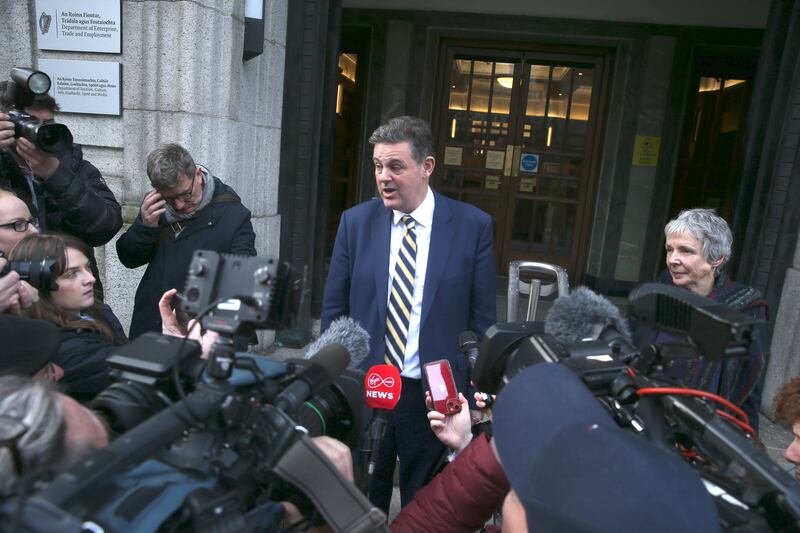RTÉ director general Kevin Bakhurst speaking to media, with chair of the RTÉ board Siún Ní Raghallaigh. Photograph: Stephen Collins/Collins