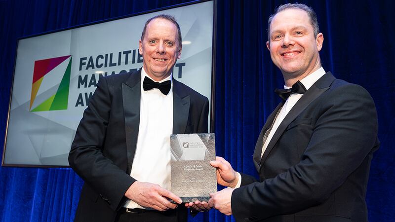 Noel Hennessy, Senior Operations Manager, Synergy Security Solutions, presents the COVID-19 Crisis Response Award to Joe Flanagan, Sodexo.