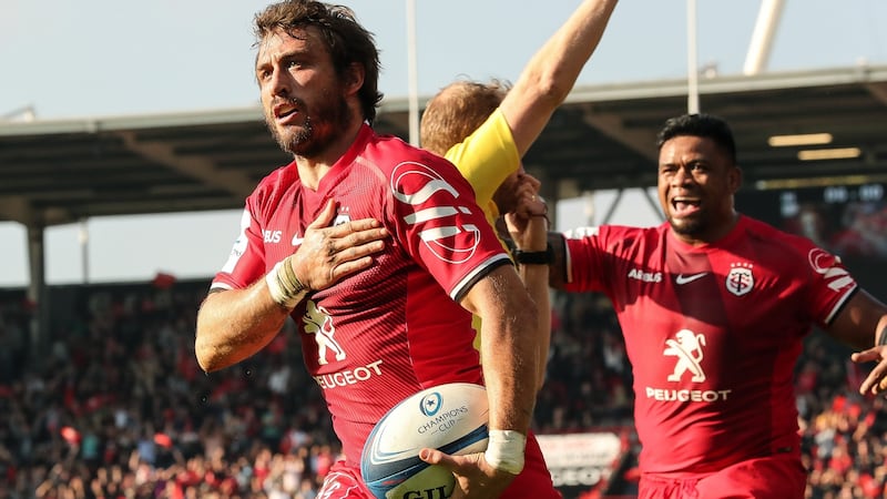 Maxime Médard of Toulouse celebrates scoring his side’s opening try in the round two win over Leinster. Photograph: Billy Stickland/Inpho