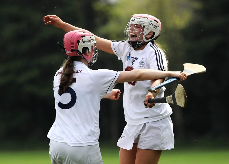 Kildare's Caoilfhionn Hallissy and Shauna Mulligan celebrate a Division 3 league final win in 2019. The Kildare camogie county board decided against entering a team in last year’s intermediate championship. Photograph: Lorraine O'Sullivan/Inpho 