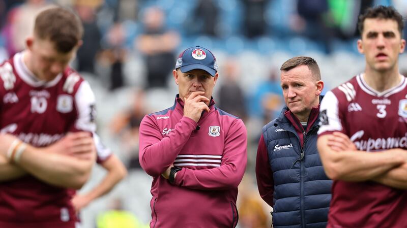 Galway manager Micheál Donoghue looks on as Kilkenny collect the Bob O'Keeffe Cup. Photograph: Bryan Keane/Inpho
