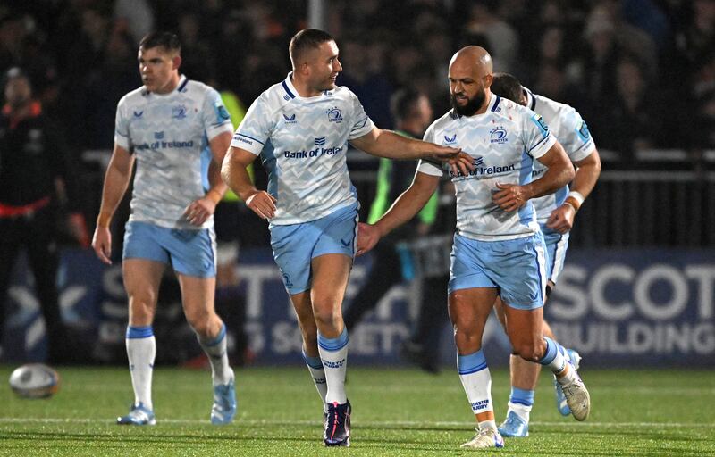 Jordan Larmour celebrates scoring Leinster's third try with Jamison Gibson-Park druing the win over Edinburgh at Hive Stadium. Photograph: Craig Watson/Inpho
