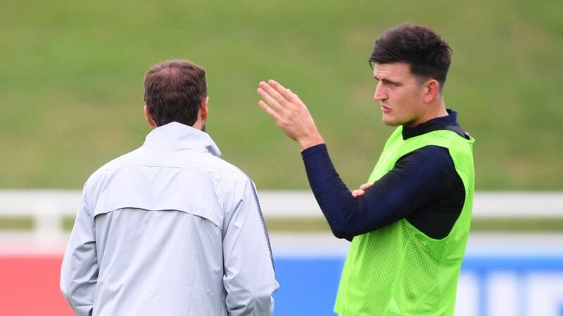 Harry Maguire tries to explain the Uefa Nations League to England manager Gareth Southgate. Photograph: Laurence Griffiths/Getty