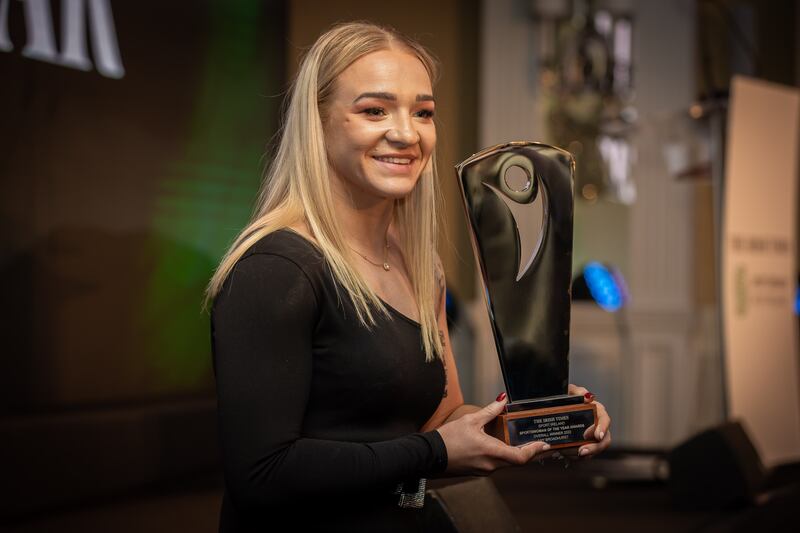 Amy Broadhurst after receiving the overall Irish Times Sportswoman of the Year 2022 award on December 20th. Photograph: Morgan Treacy/Inpho