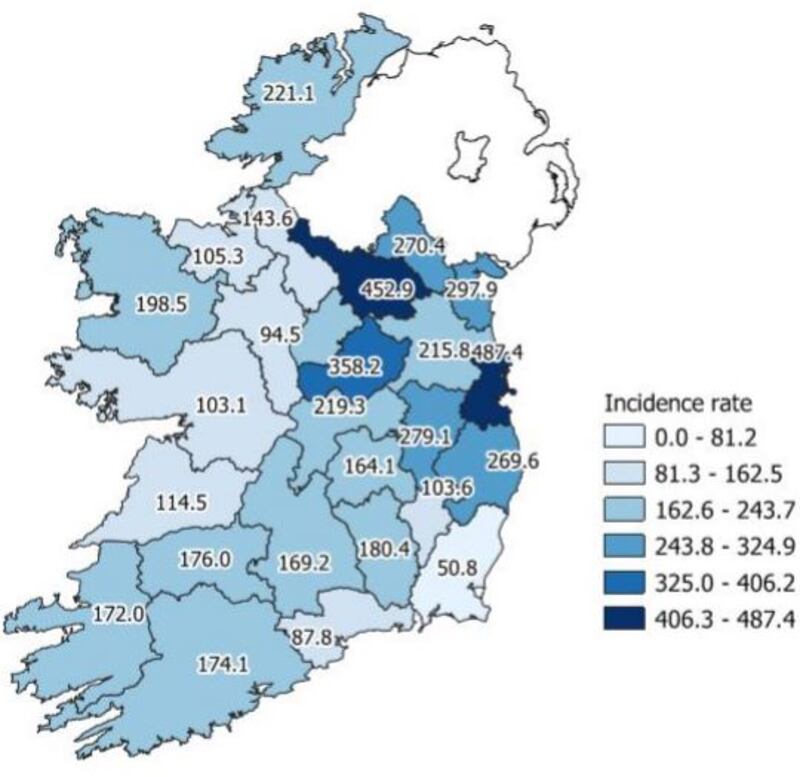 Cumulative incidence rates per 100,000 population of confirmed cases of CovidD-19 up to midnight on April 15th by county. Photograph: HSE