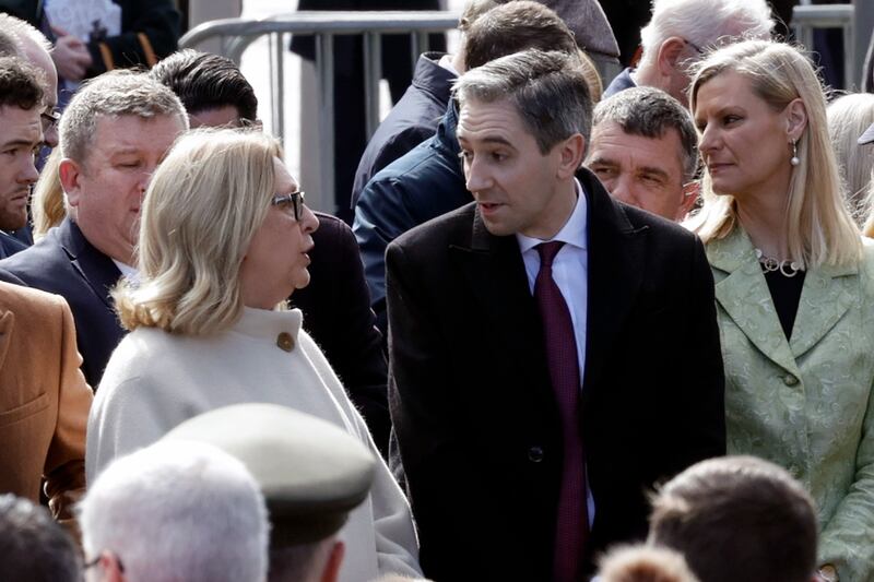 Fine Gael leader Simon Harris in conversation with former president Mary McAleese. Photograph: Conor Ó Mearáin/Collins 