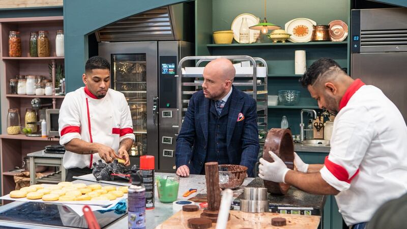 Bake Off: The Professionals co-host Tom Allen with contestants. Photograph: Channel 4
