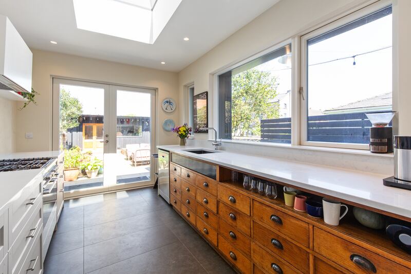 The updated kitchen sits in an extension to the rear. Photograph: Keith Owens