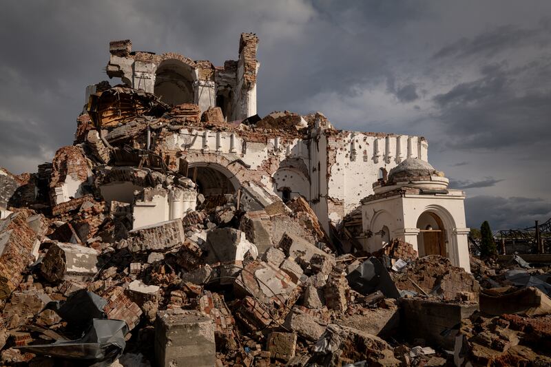 Remnants of St George’s Skete of Svyatohirsk Church are seen in Dolyna, Ukraine. Photograph: Nicole Tung/The New York Times