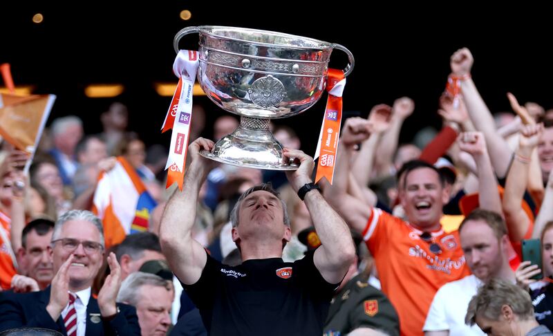 Kieran McGeeney lifts the Sam Maguire cup last year. Photograph: James Crombie/Inpho