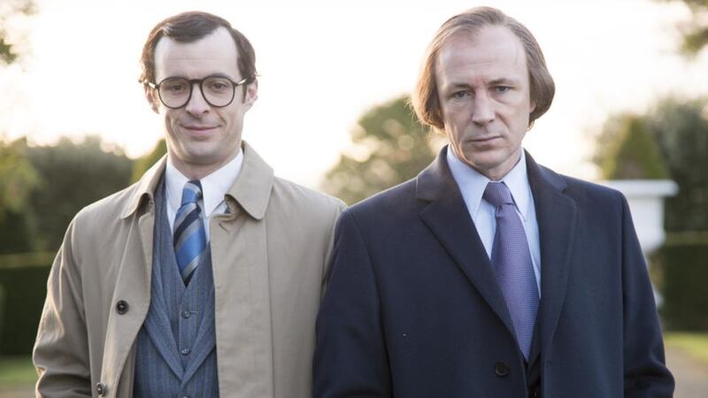 Tom Vaughan-Lawlor as PJ Mara and Aidan Gillen as Charles Haughey in RTÉ’s Charlie.