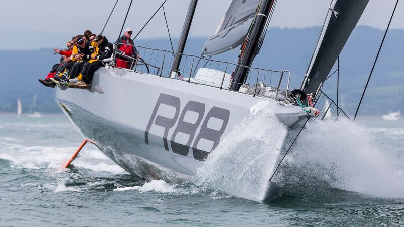 American George David’s Rambler 88, the largest entry in the Volvo Round Ireland Race at the start of the 704-mile course at Wicklow. Photograph: David Branigan/Oceansport