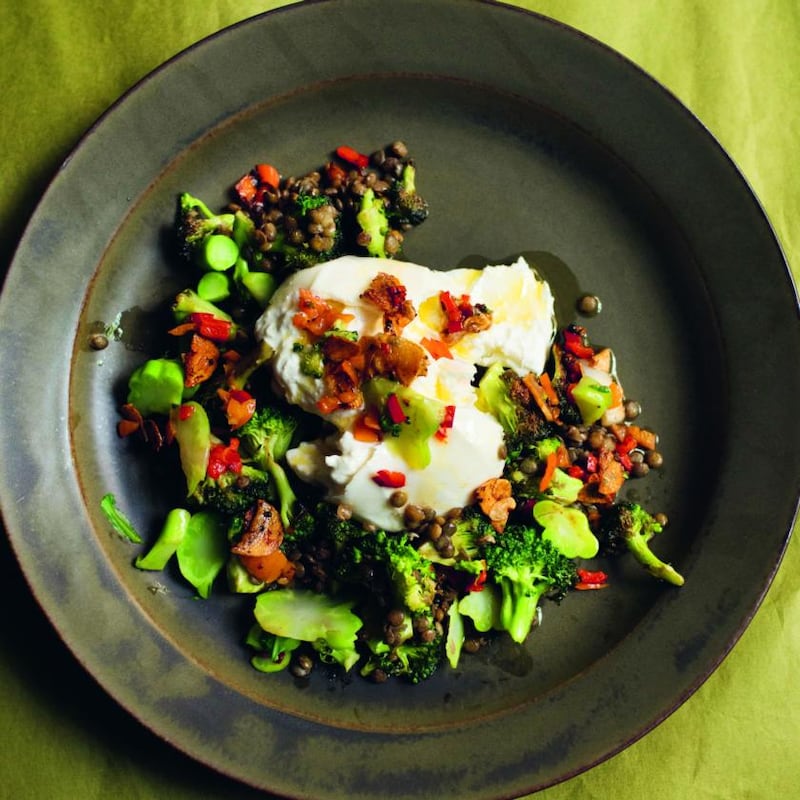 Nigel Slater’s burrata, broccoli, lentils. Photograph: Jonathan Lovekin/HarperCollins