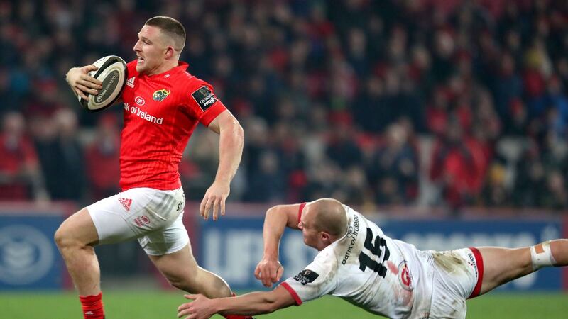 Andrew Conway scores a try for Munster agains Ulster. Right now, on the eve of the Champions Cup,  he would be the irresistible selection in the Ireland back field.  Photograph: Dan Sheridan/Inpho