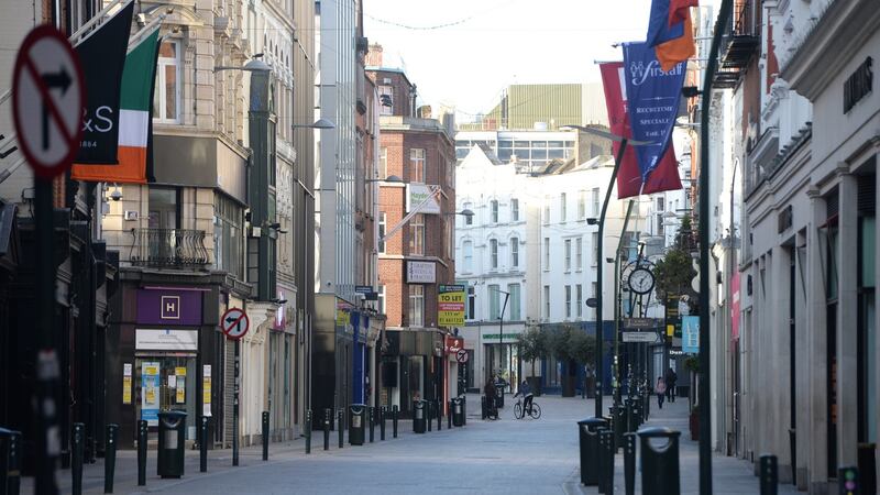 An empty Grafton Street during the Covid-19 lockdown. Photograph: Dara Mac Dónaill/The Irish Times.