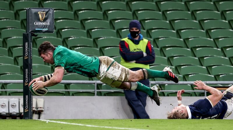 Peter O’Mahony dives to score a disallowed try against Scotland. Photograph: Dan Sheridan/Inpho