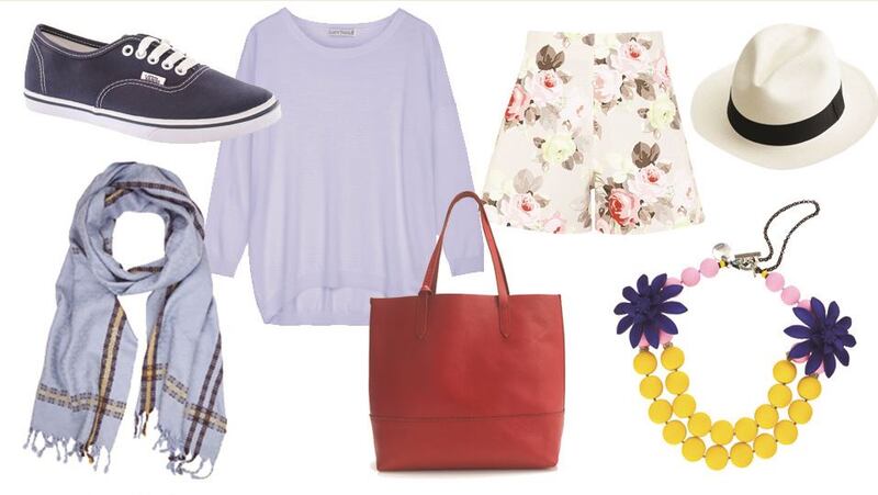 (Clockwise) Vans, €54, Office; Oversize merino sweater, €189, Lucy Nagle at BT2; Floral shorts, €338, Carven at Harvey Nichols; Panama hat, €56.27, jcrew.ie; Palm Springs necklace, €266, melissacurry.com; Downing tote in Persian red, €162.98, jcrew.ie; Dublin bay silk scarf, €180, Brendan Joseph from brendan-joseph.ie