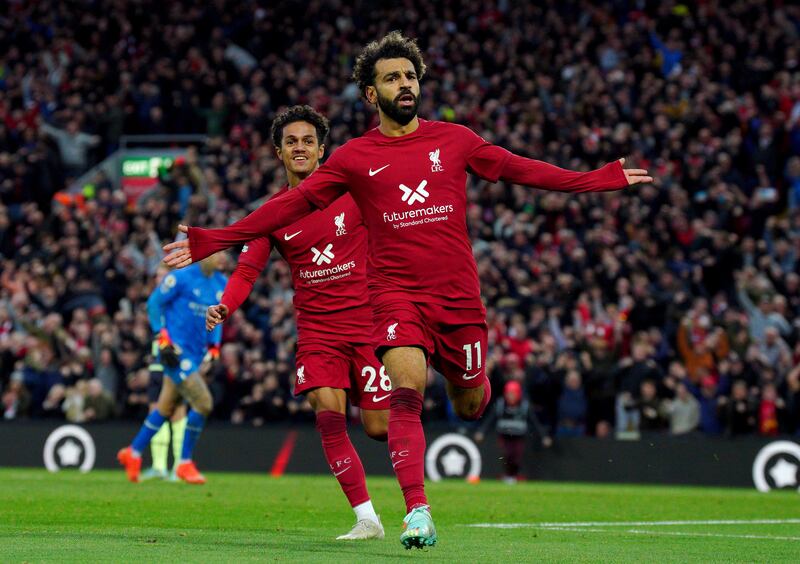 Liverpool's Mohamed Salah celebrates scoring the only goal during the Premier League match at Anfield against Manchester City. Photograph: PA