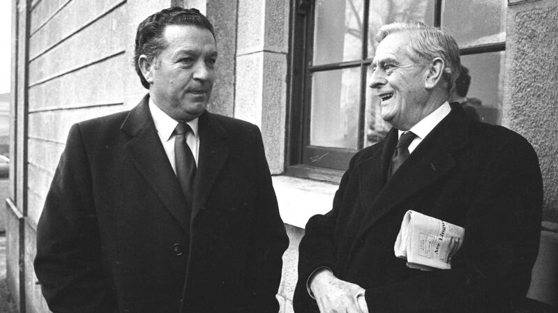 Richard Flynn (left) with his solicitor, Mr Liam Lysaght at Tullamore Court house He was  acquitted of assault and manslaughter of Fr Niall Molloy.   Photograph: Peter Thursfield
