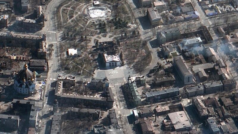 The aftermath of the airstrike on the Mariupol Drama Theatre (centre), where more than 1,300 people had been sheltering from Russian bombardment. Photograph: AFP via Getty Images