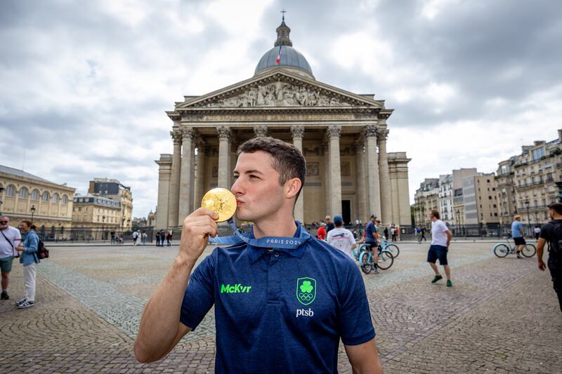 Rhys McClenaghan with his gold medal at the Pantheon, Paris. Photograph: Morgan Treacy/Inpho 