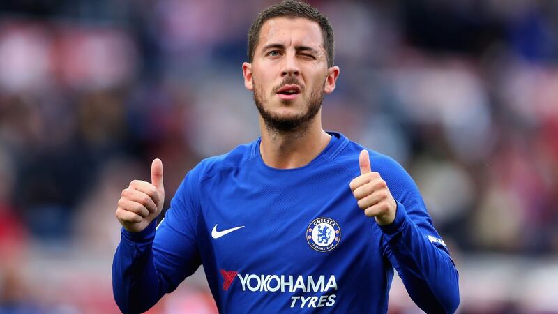 Eden Hazard of Chelsea celebrates his side’s 4-0 victory. Photograph: Richard Heathcote/Getty Images