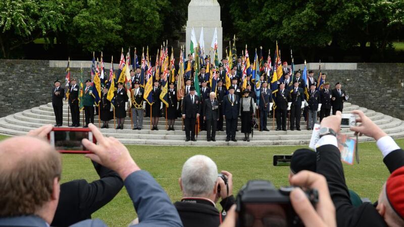 The colour party poses for a photograph after taking part in the annual Ceremony of Remembrance, organised by the Royal British Legion, Republic of Ireland, at the National War Memorial Gardens in Islandbridge on Saturday. Photograph: Dara Mac Dónaill/The Irish Times