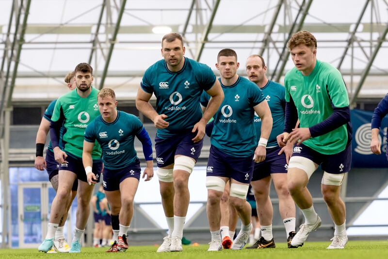 Tadhg Beirne (centre) with Harry Byrne, Craig Casey, Nick Timoney, Oli Jager and Cian Prendergast last week at the IRFU high performance centre. Photograph: Morgan Treacy/Inpho 