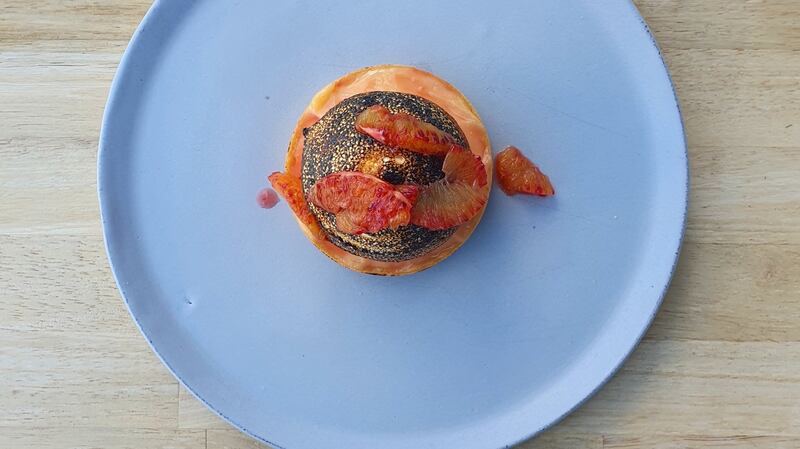 Blood orange and pine meringue tart