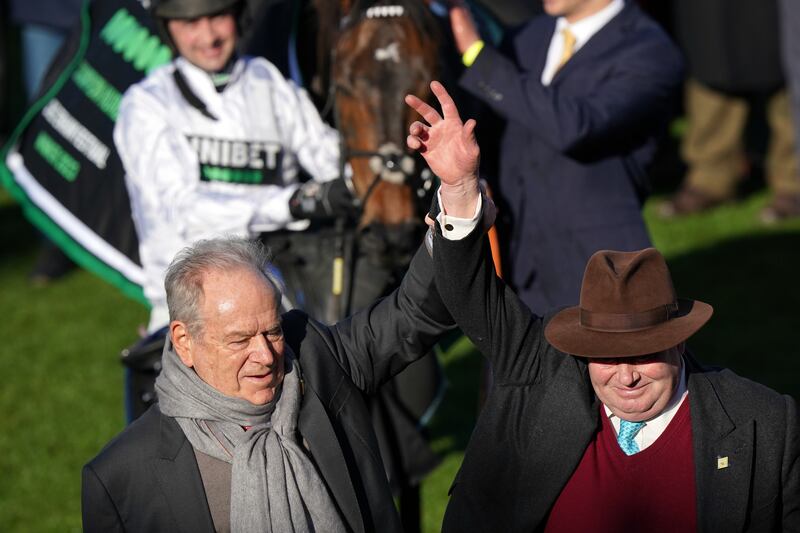 Owner Michael Buckley and trainer Nicky Henderson after Constitution Hill's Champion Hurdle win at Cheltenham. Photograph: Tim Goode/PA Wire