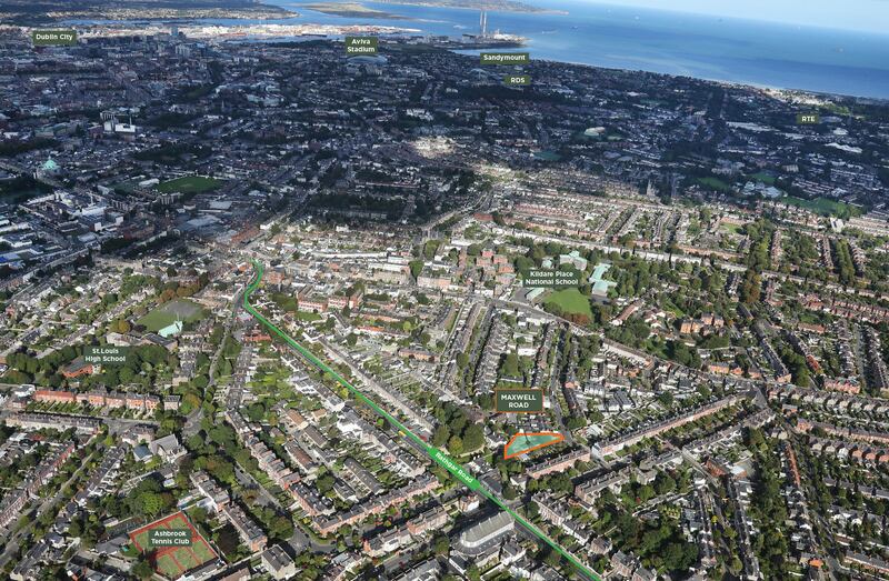 An aerial view shows the Maxwell Road site's location off the Rathgar Road in Rathgar, Dublin 6