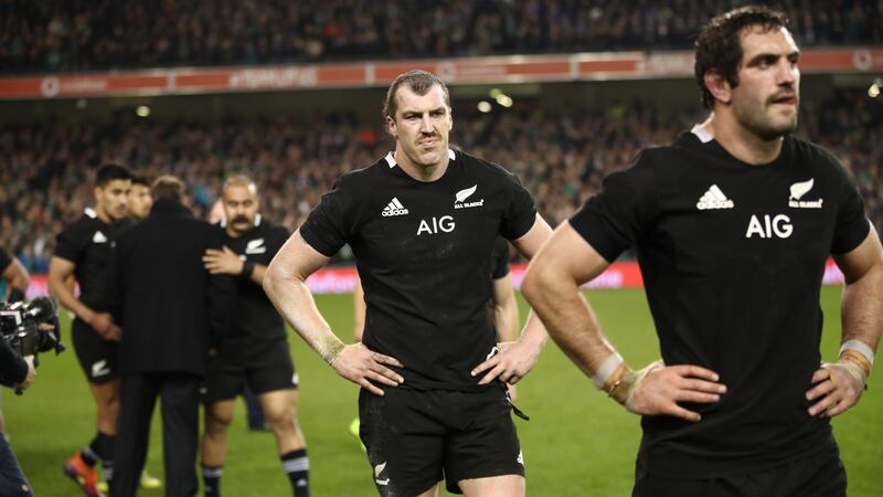 Brodie Retalick and Sam Whitelock after the All Blacks’ defeat to Ireland in Dublin. Photograph: Phil Walter/Getty