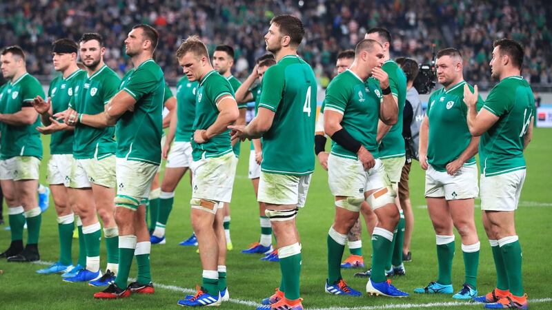 Ireland players dejected after another World Cup campaign ends in failure following the heavy defeat to New Zealand. Photograph: : Adam Davy/PA