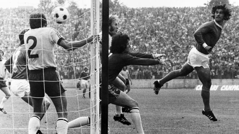Gerd Müller scores a goal against Australia, on June 20th, 1974 during the German 1974 World Cup in Hamburg. Photograph: AFP via Getty