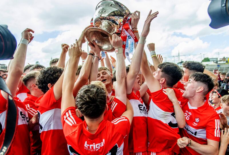 Derry celebrate another minor triumph after victory over Monaghan in Sunday's final. Photograph: Tom Maher/Inpho