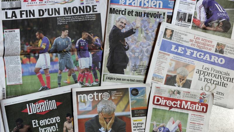 French newspapers on June 23rd 2010, the morning after France’s World Cup exit. Photograph: Fred Dufour/AFP/Getty