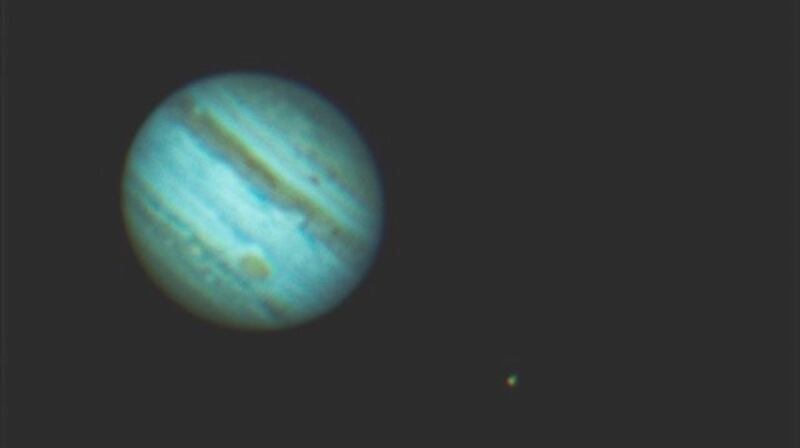 Jupiter with its moons Io and Europa photographed in 2010 by John Dolan, Irish Astronomical Society (www.irishastrosoc.org).