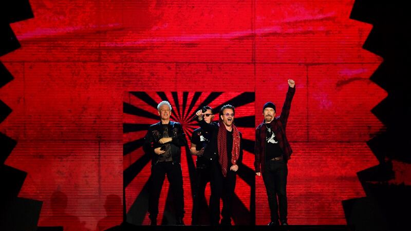 U2 at the  the 2017 MTV Europe Music Awards (EMA) at Wembley Arena in London. Photograph: Ben Stansall/AFP/Getty Images