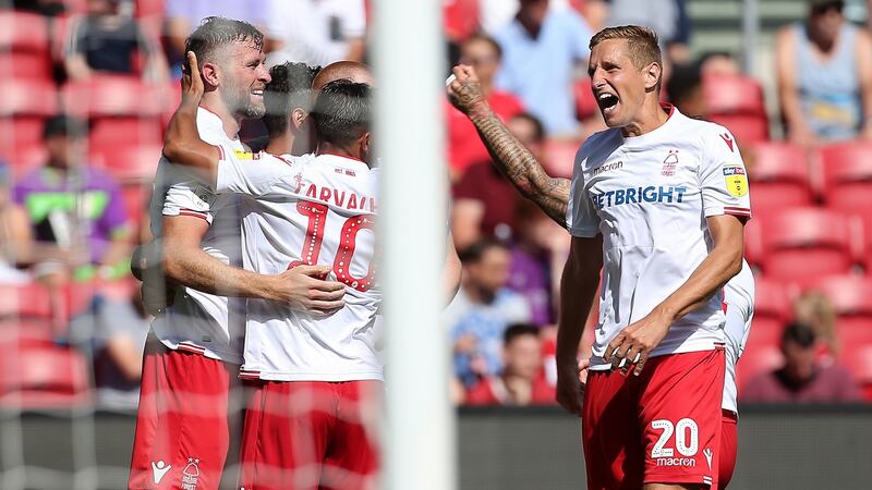 Nottingham Forest celebrate Daryl Murphy’s equaliser against Bristol City. Photograph: Mark Kerton/PA