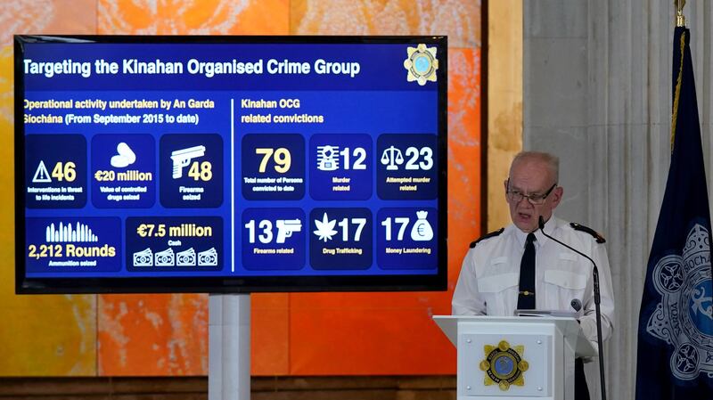 Garda assistant commissioner for organised crime John O’Driscoll shows a slide relating to Garda seizures from the Kinahan group at Dublin City Hall. Photograph: Niall Carson/PA