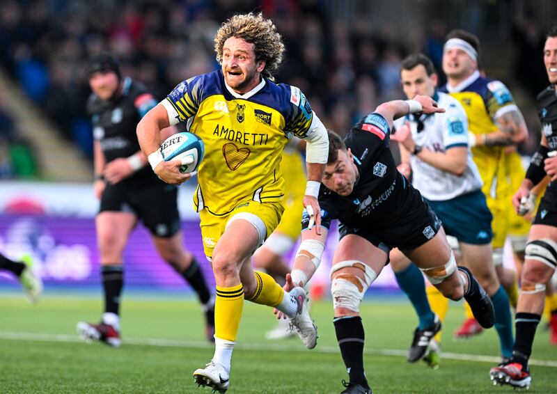 Bautista Stavile Bravin scores a try for Zebre in their 9-40 defeat to Glasgow Warriors in last season's URC. Photograph: Craig Watson/Inpho