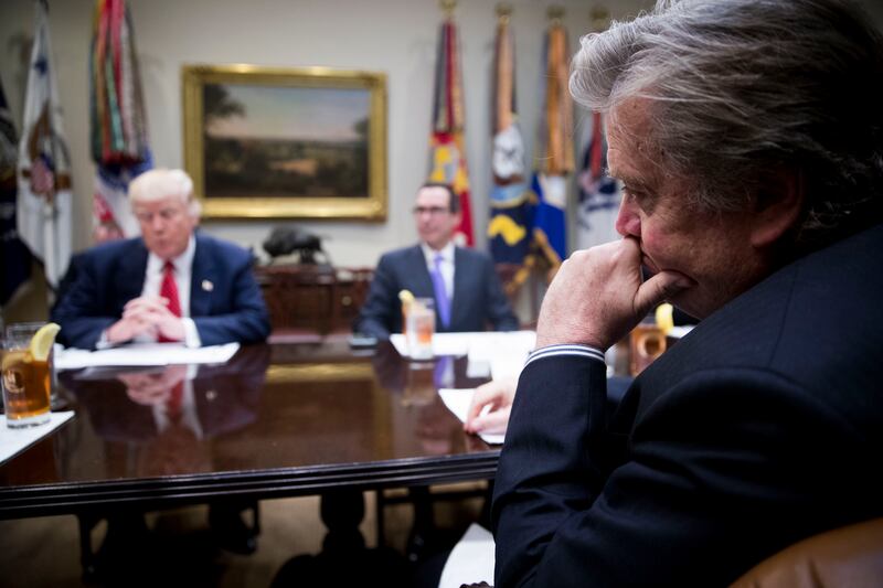 Steve Bannon at the White House: ‘I think he’s the most acute observer I know, and I know all of the first-hand observers of the Trump White House,’ Michael Wolff says. Photograph: Doug Mills/New York Times