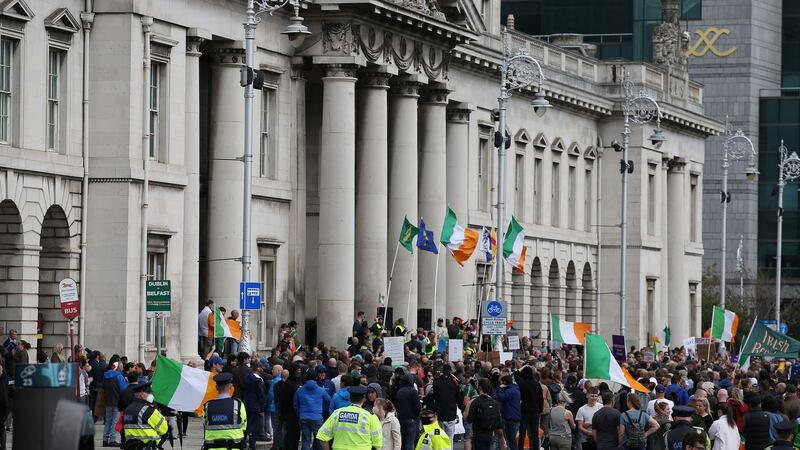 An anti-lockdown and anti-facemask protest in Dublin city centre last August. The traditional anti-vaccine lobby has found common cause with anti-lockdown and anti-face mask groups.  Photograph: Nick Bradshaw