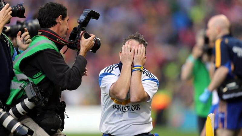 Clare manager Davy Fitzgerald celebrates victory over Cork. Photograph: Alan Betson / THE IRISH TIMES
